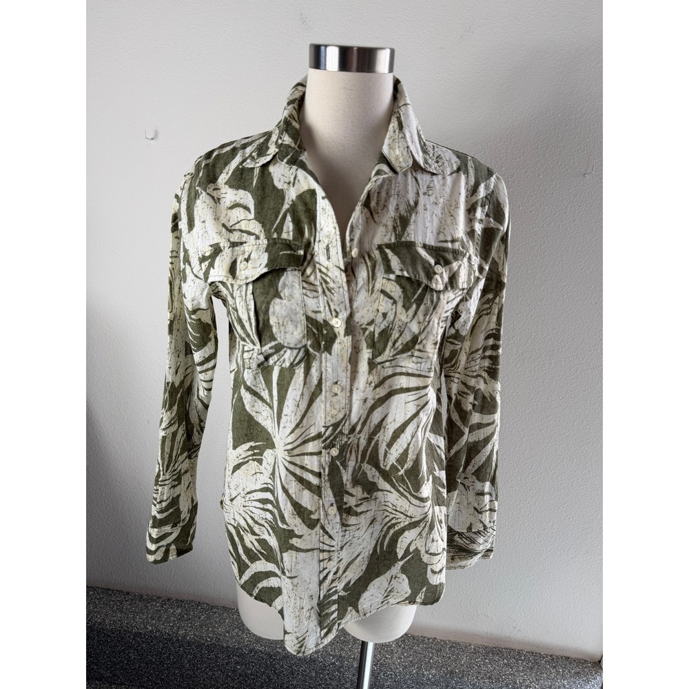 Lauren Ralph Lauren Womens Medium Olive Tropical Leaf Button Up Shirt M